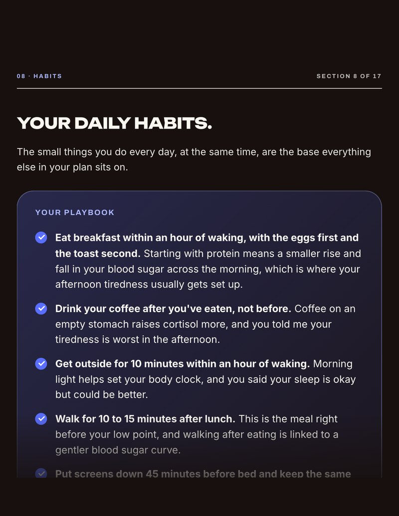 Report page: your daily habits. Sample report with fictional data.