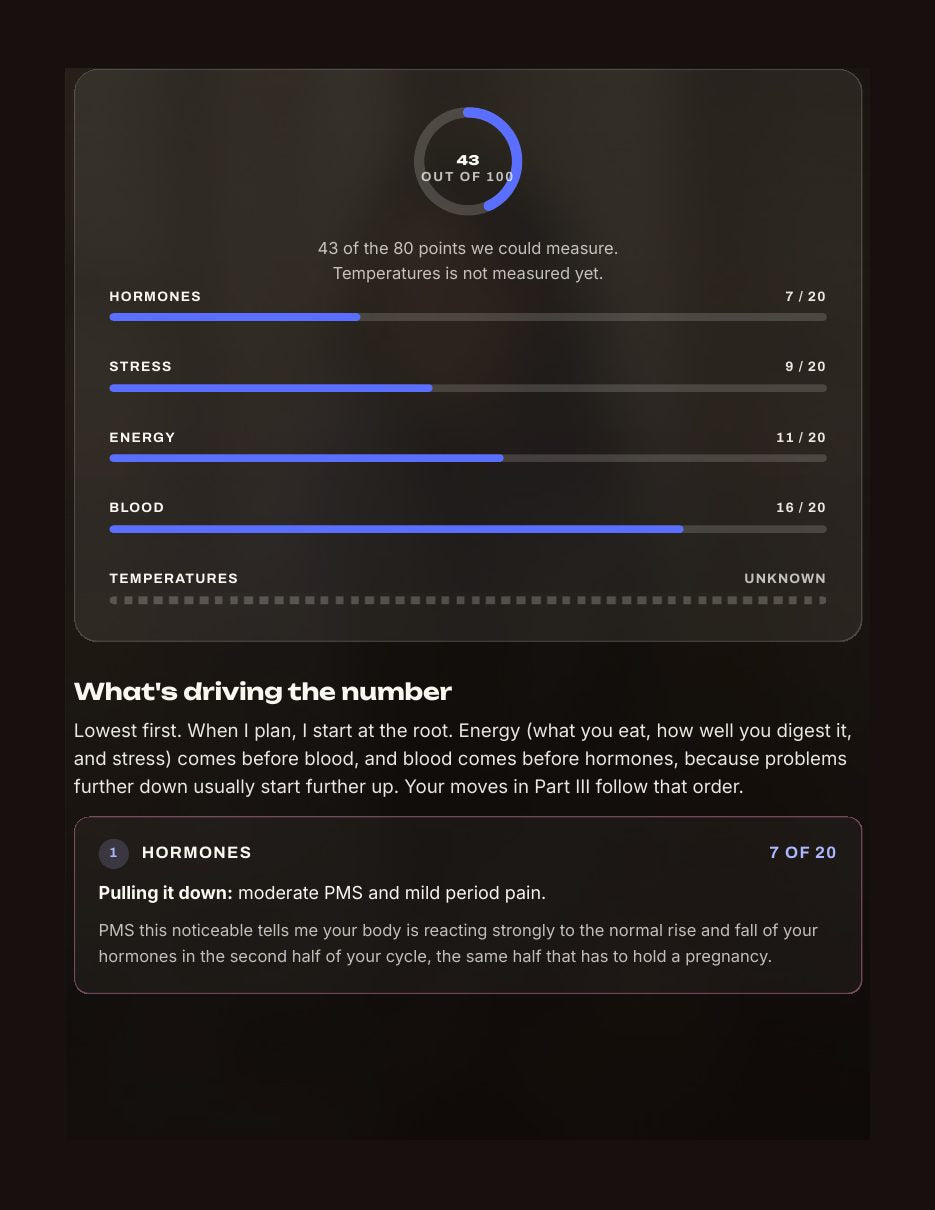 Report page: your Score, explained. Sample report with fictional data.