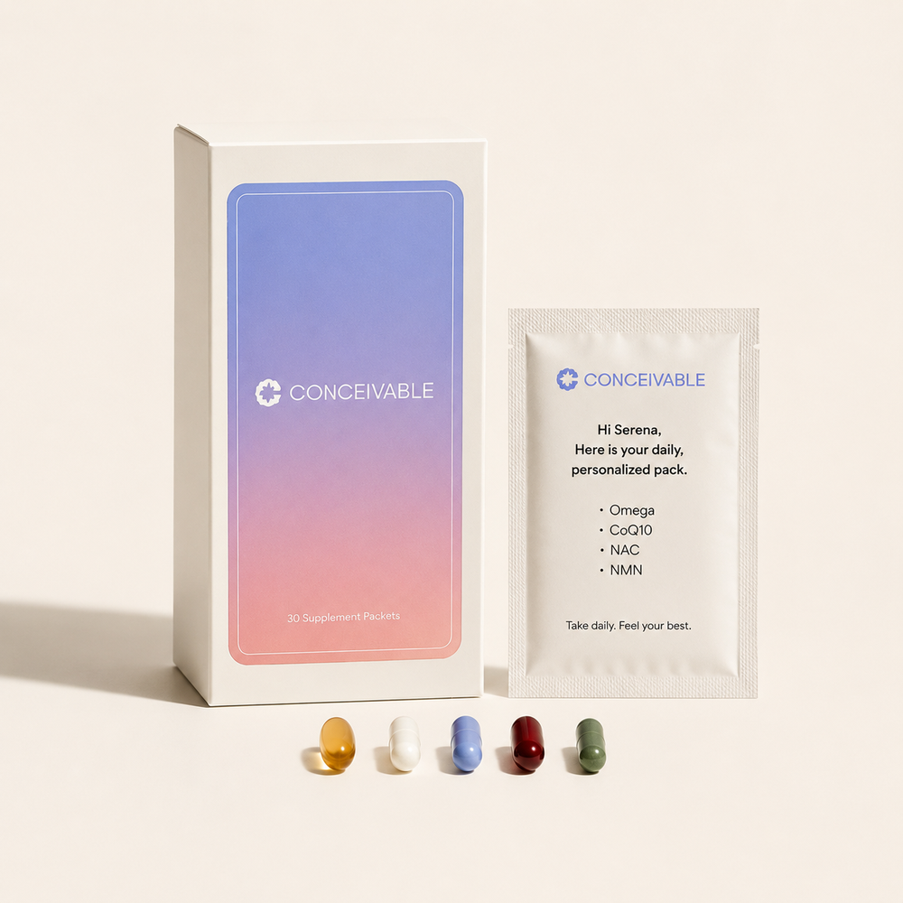 A Conceivable supplement pack: the box, a daily sachet listing what is in it, and the capsules inside.